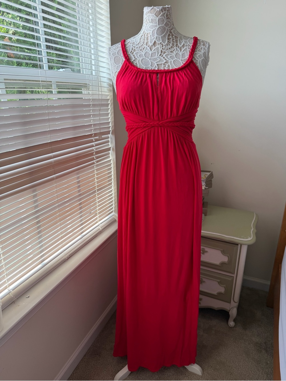 NWT Max Studio Red Braided Empire Waist Grecian Maxi Dress Size S Stretch Jersey